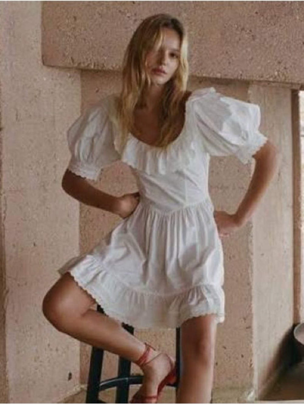 Doen White Puff-Sleeve Ruffle Mini Dress
